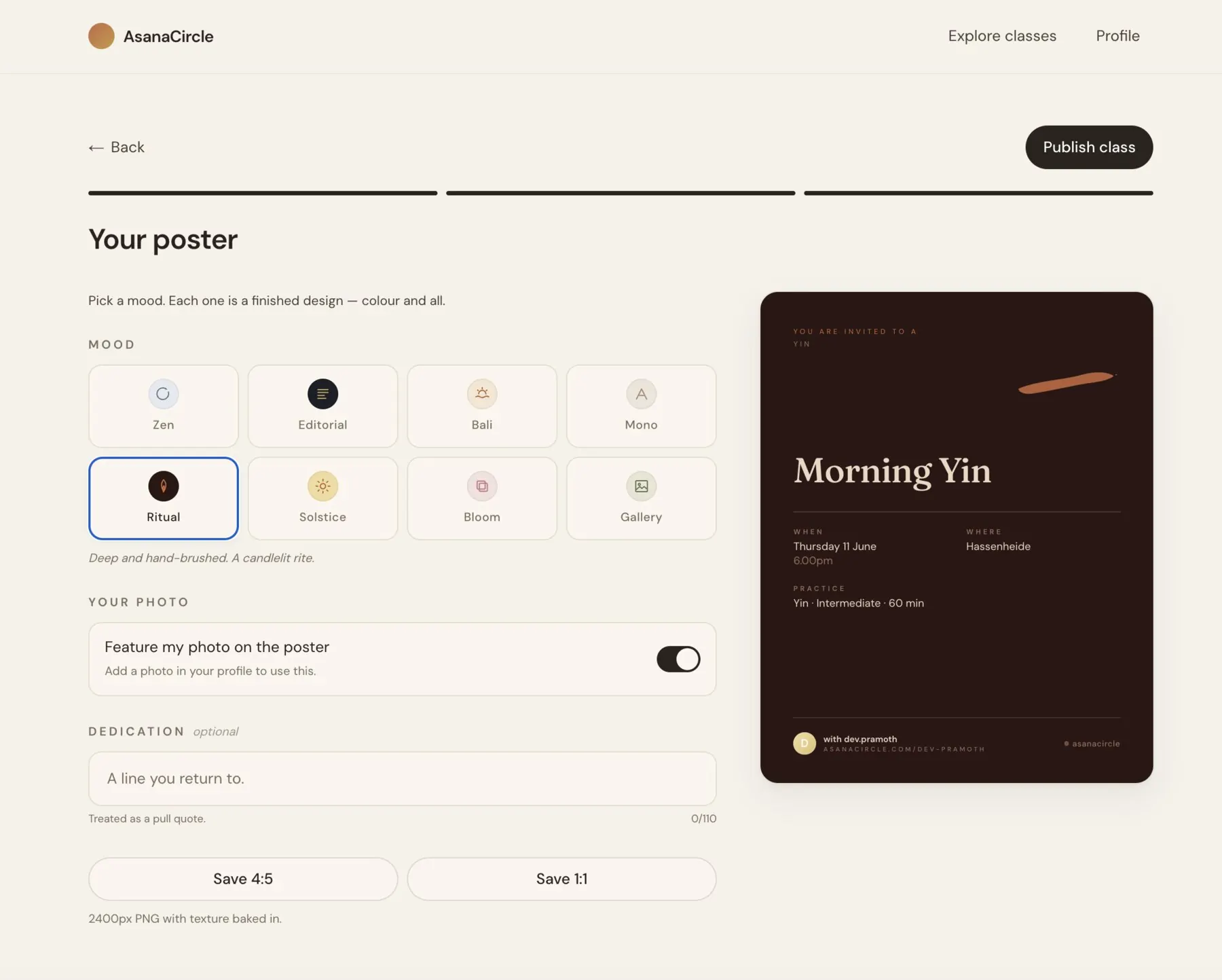 AsanaCircle — poster builder with moods, photo, and dedication
