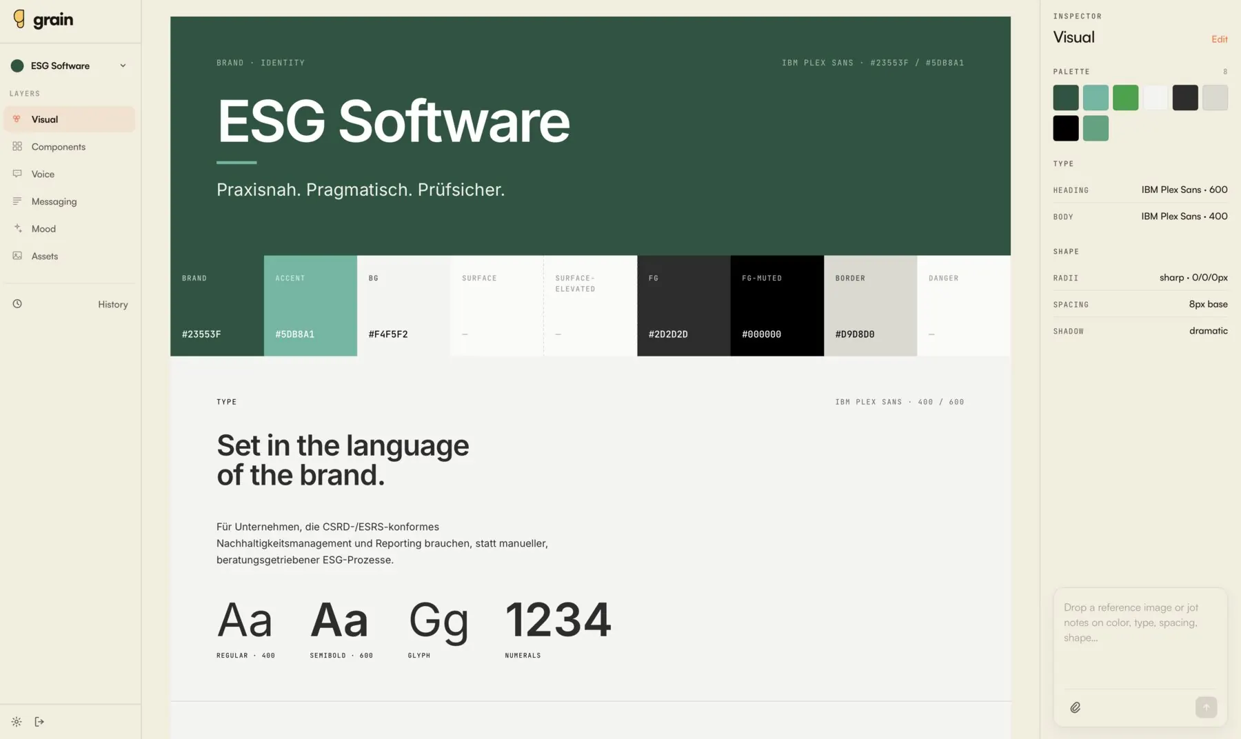 Grain — brand editor with voice, palette, and typography by register