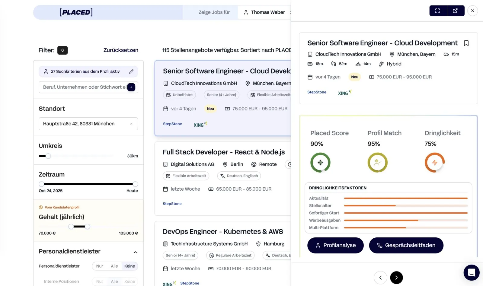 PLACED — job detail with AI score panel