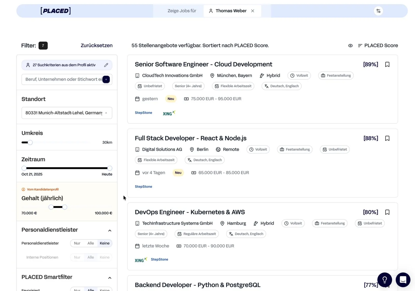 PLACED — job search with filters and PLACED Score